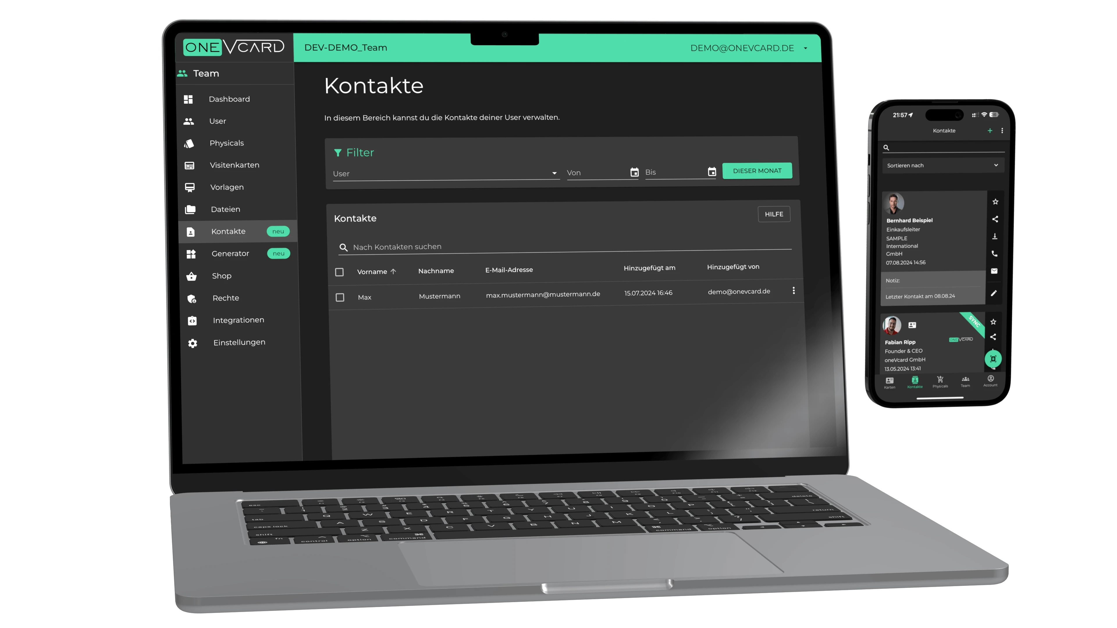 oneVcard-webappen til central kontakthåndtering på laptop og smartphone