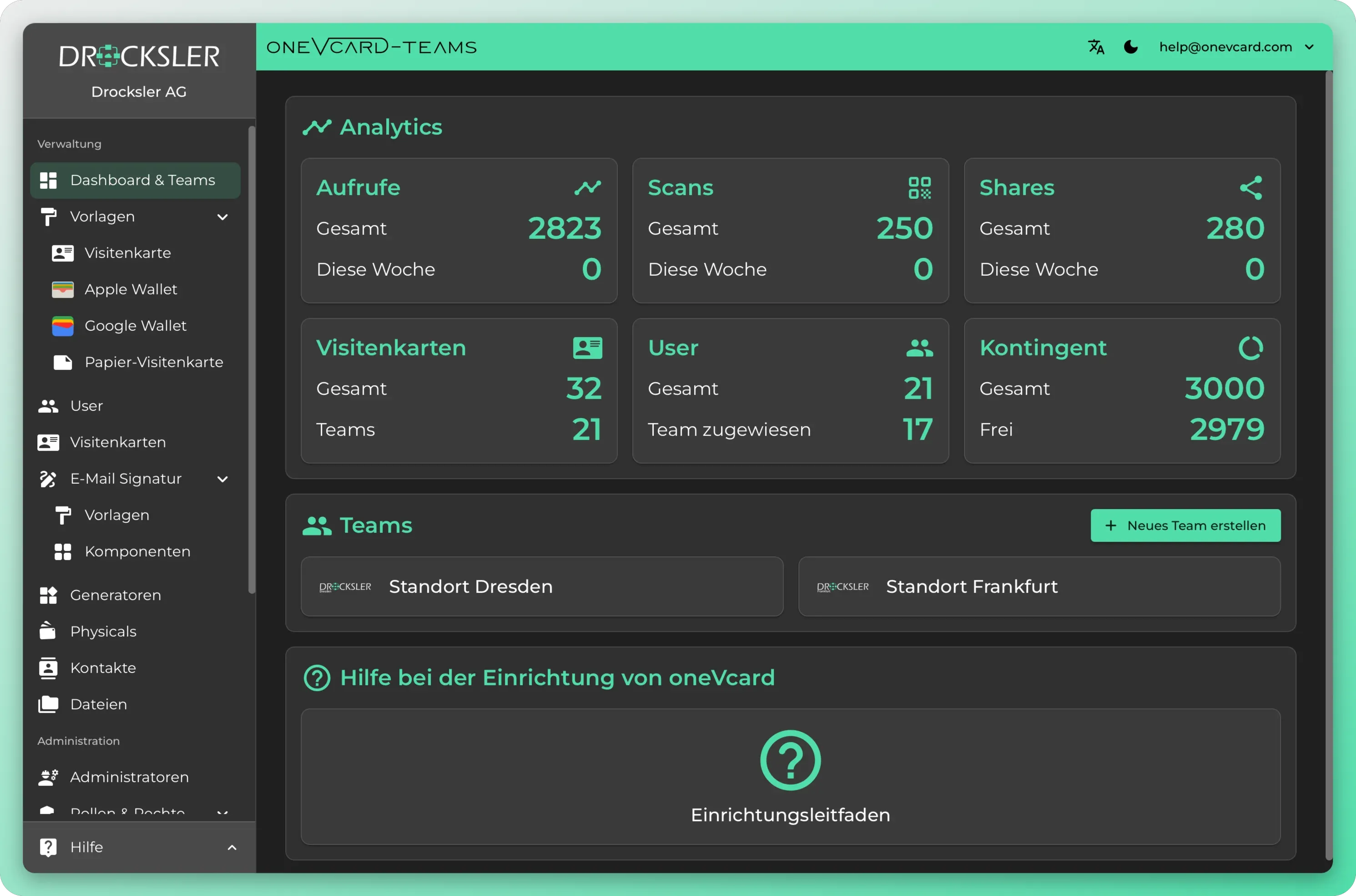 لوحة تحكم oneVcard Teams مع التحليلات والمستخدمين والفرق