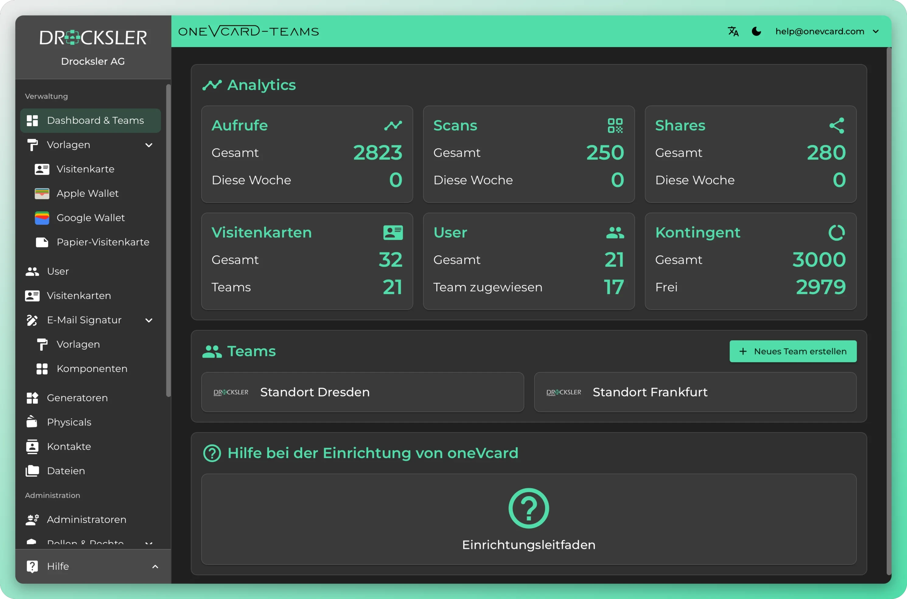 Tableau de bord oneVcard Teams avec analyses, utilisateurs et équipes