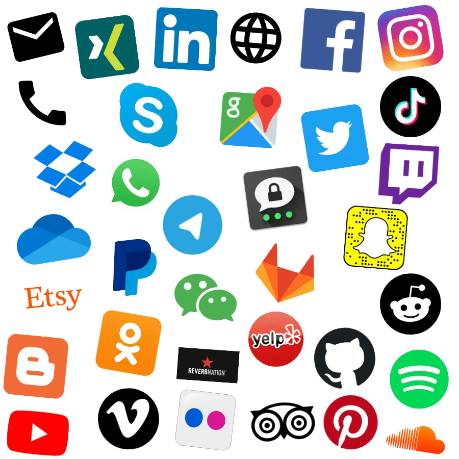 Profiler på sociale medier og links på et digitalt visitkort