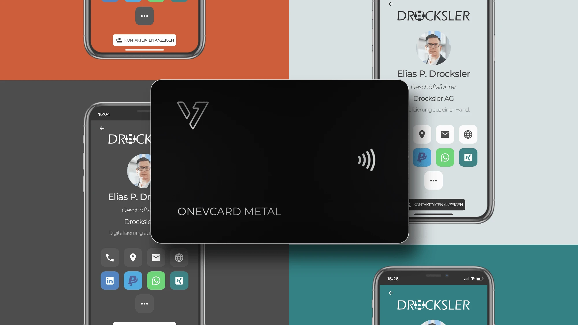 oneVcard Metal mit digitaler Visitenkarte auf mehreren Smartphones