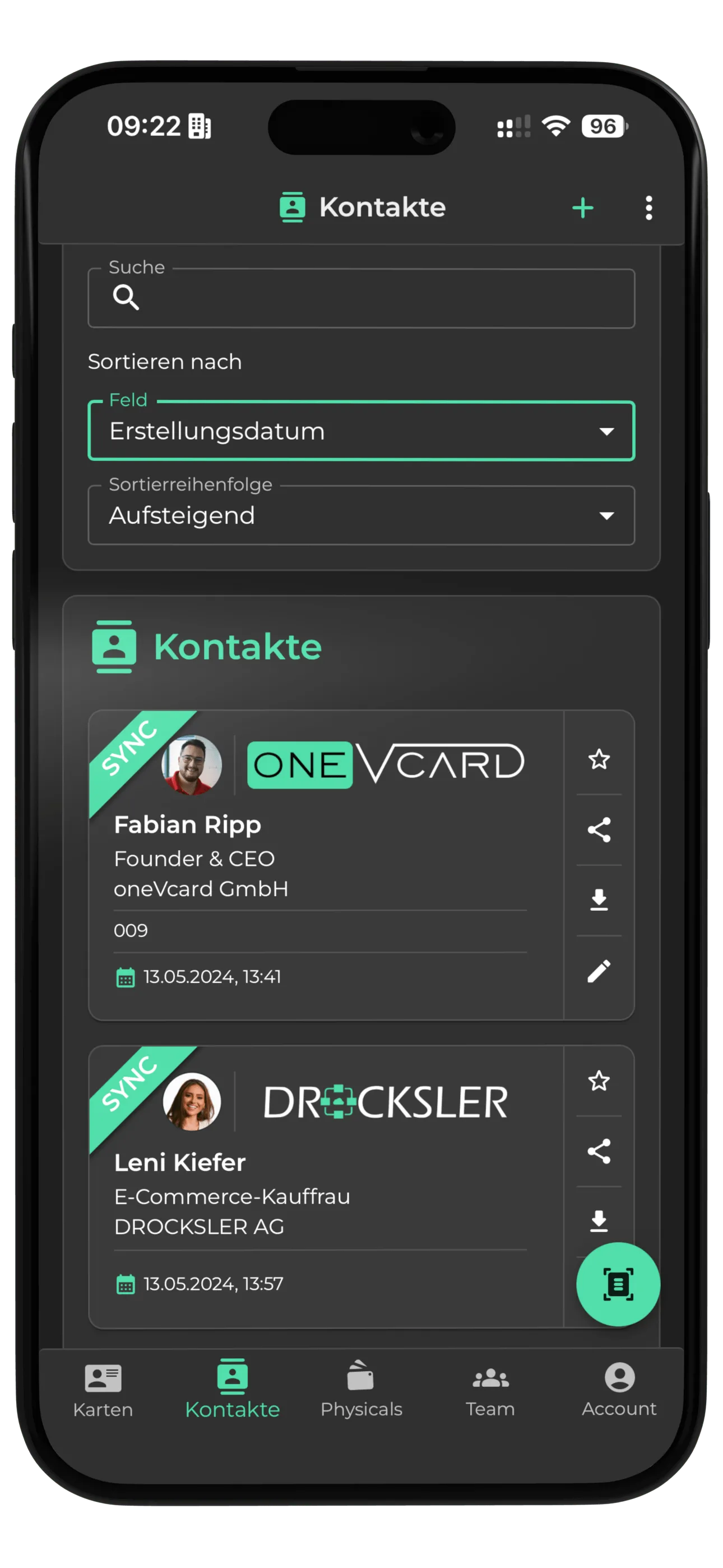 oneVcard-appen med en digital kontaktbog og scannede visitkort