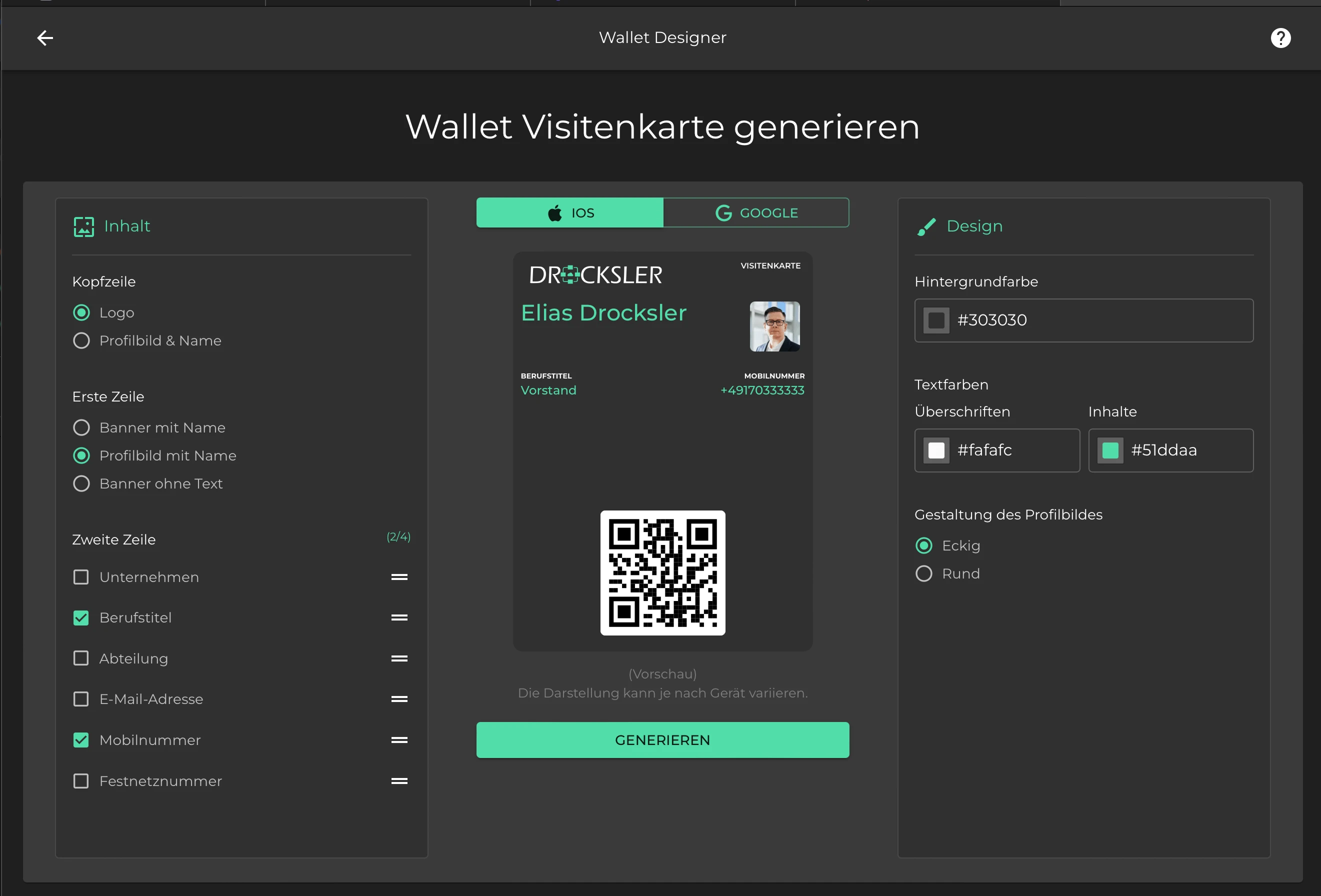 El Wallet Designer de oneVcard con una vista previa en vivo de la tarjeta