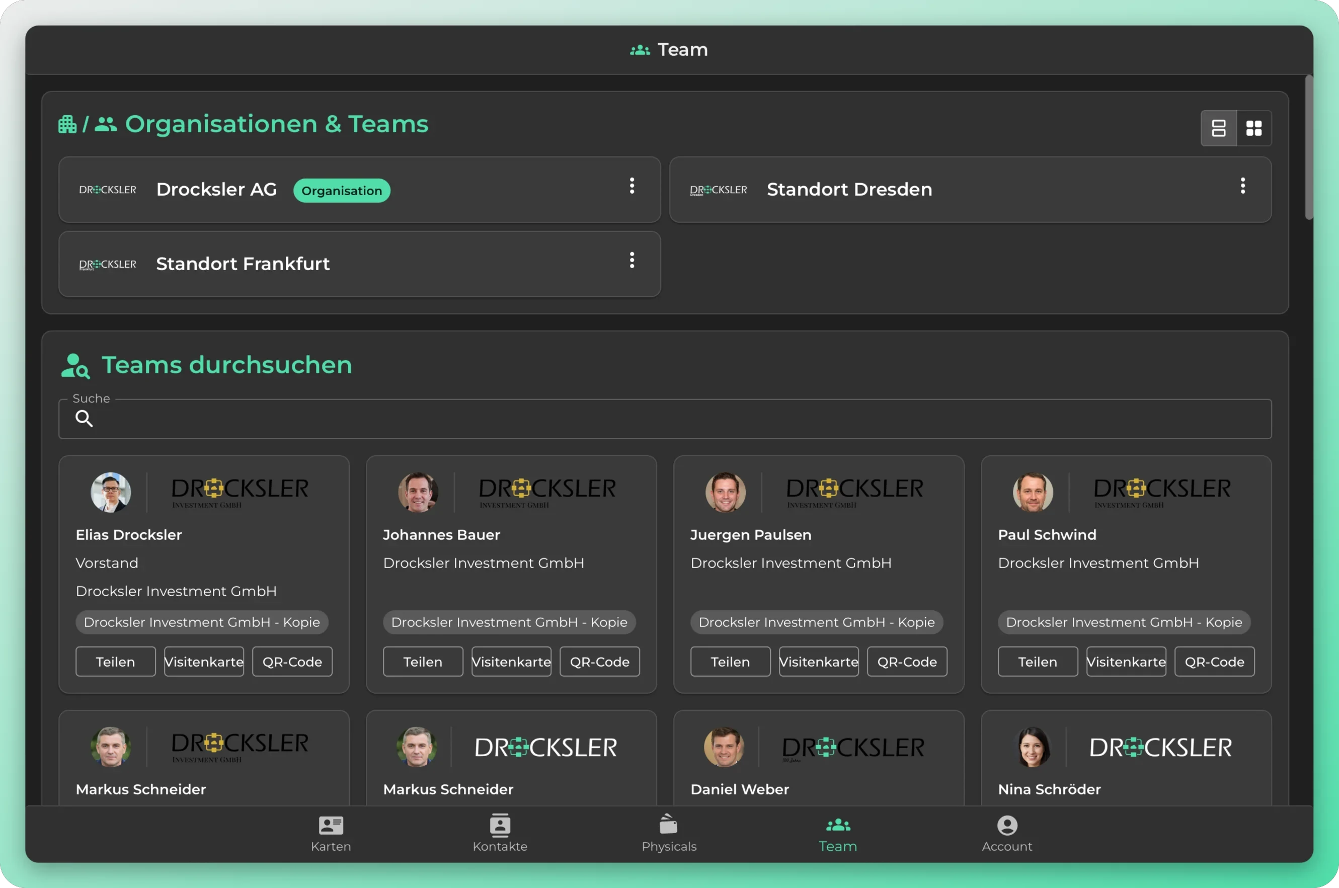 Recherche dans l'équipe dans l'application oneVcard