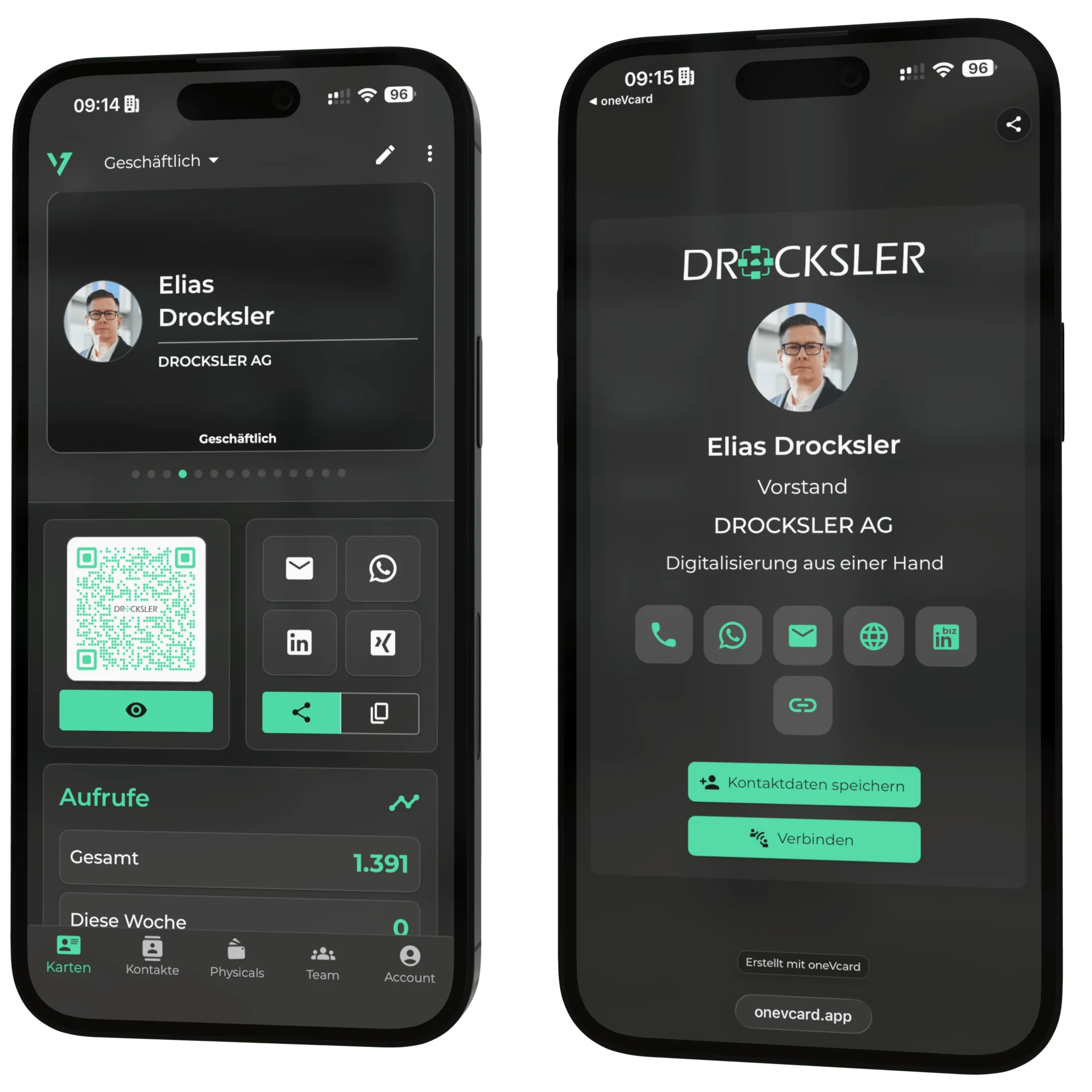تطبيق oneVcard على هاتفين ذكيين