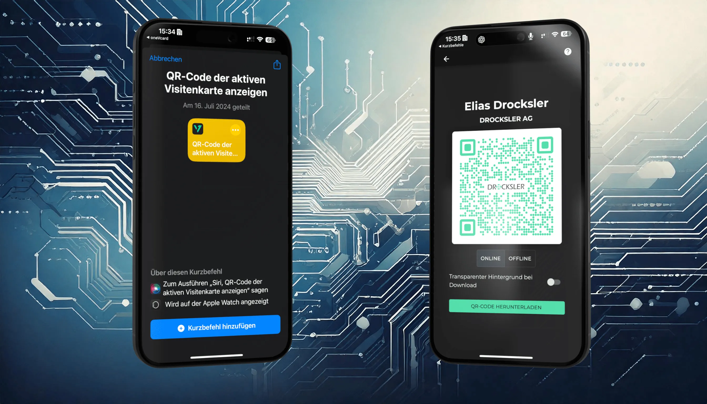 Apple Shortcuts for the digital business card in the oneVcard app