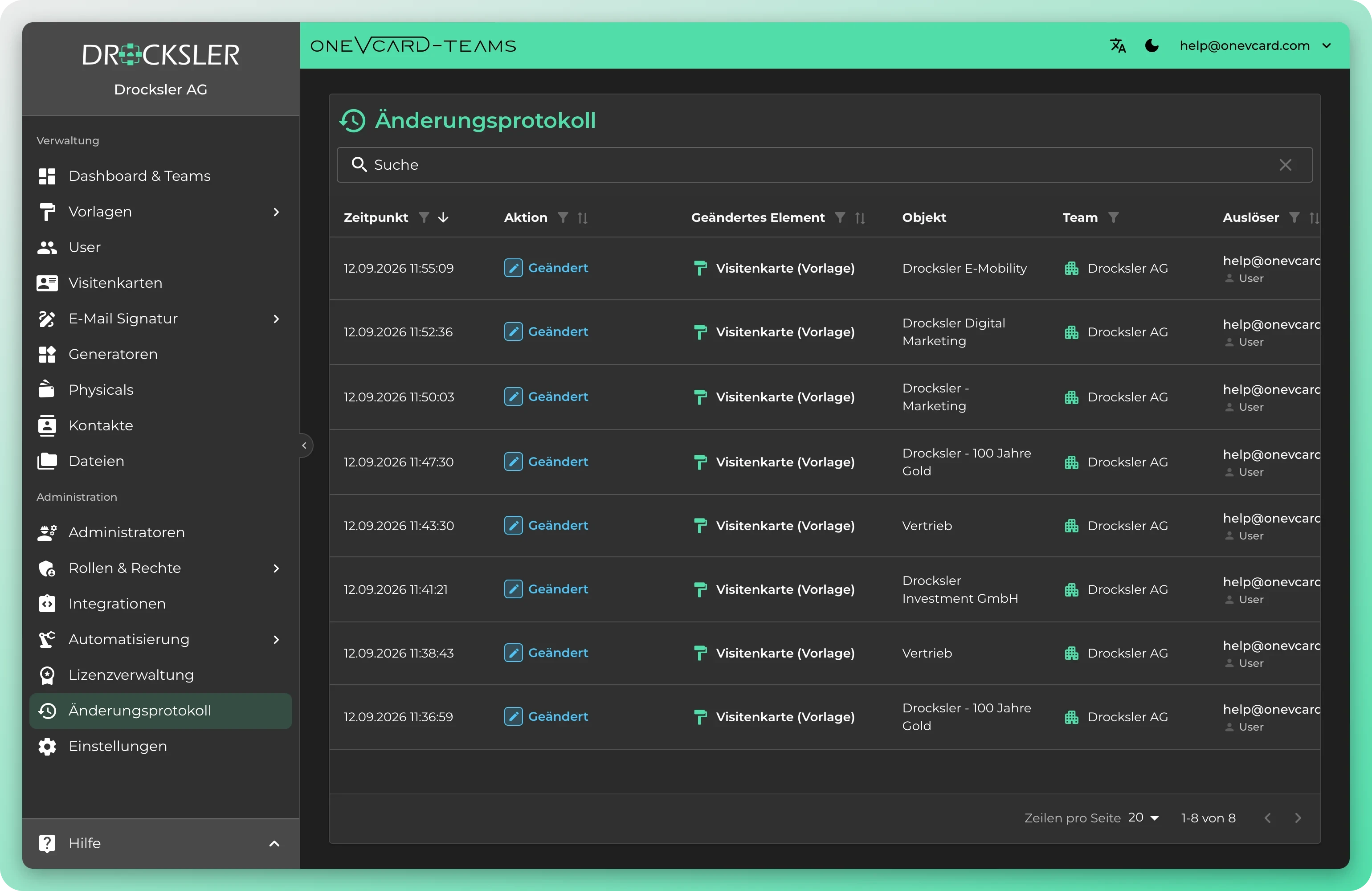 Audit-log for en organisation i oneVcard Teams