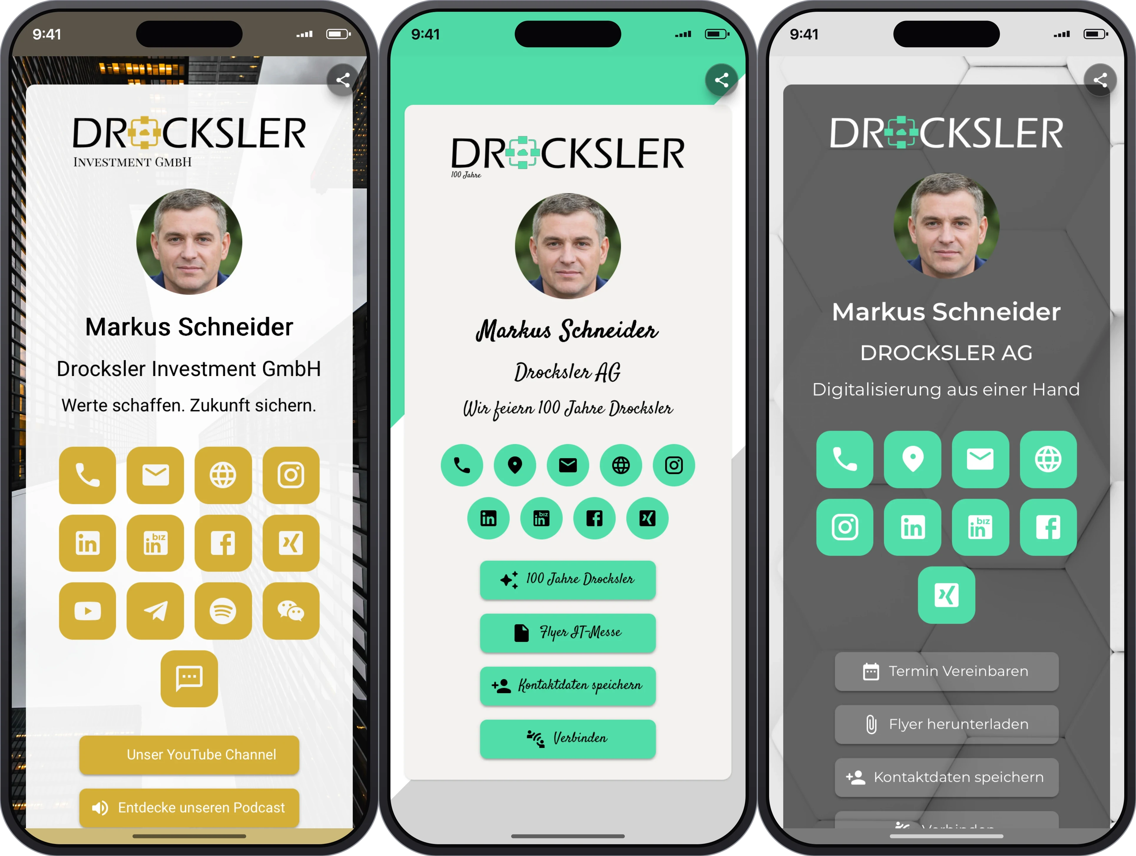 Et digitalt visitkort i forskellige designs på flere smartphones