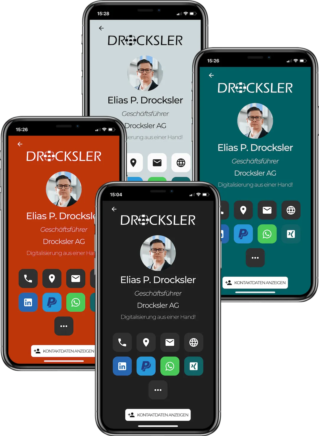 Et digitalt visitkort i flere designs på flere smartphones