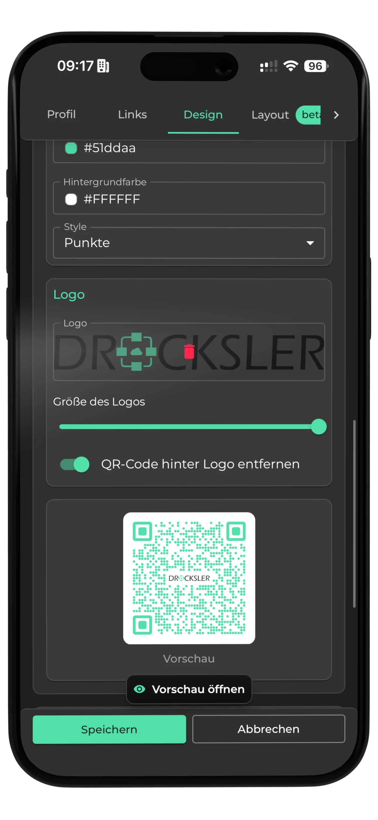 oneVcard visitkort-designer med farver, logo og QR-Code