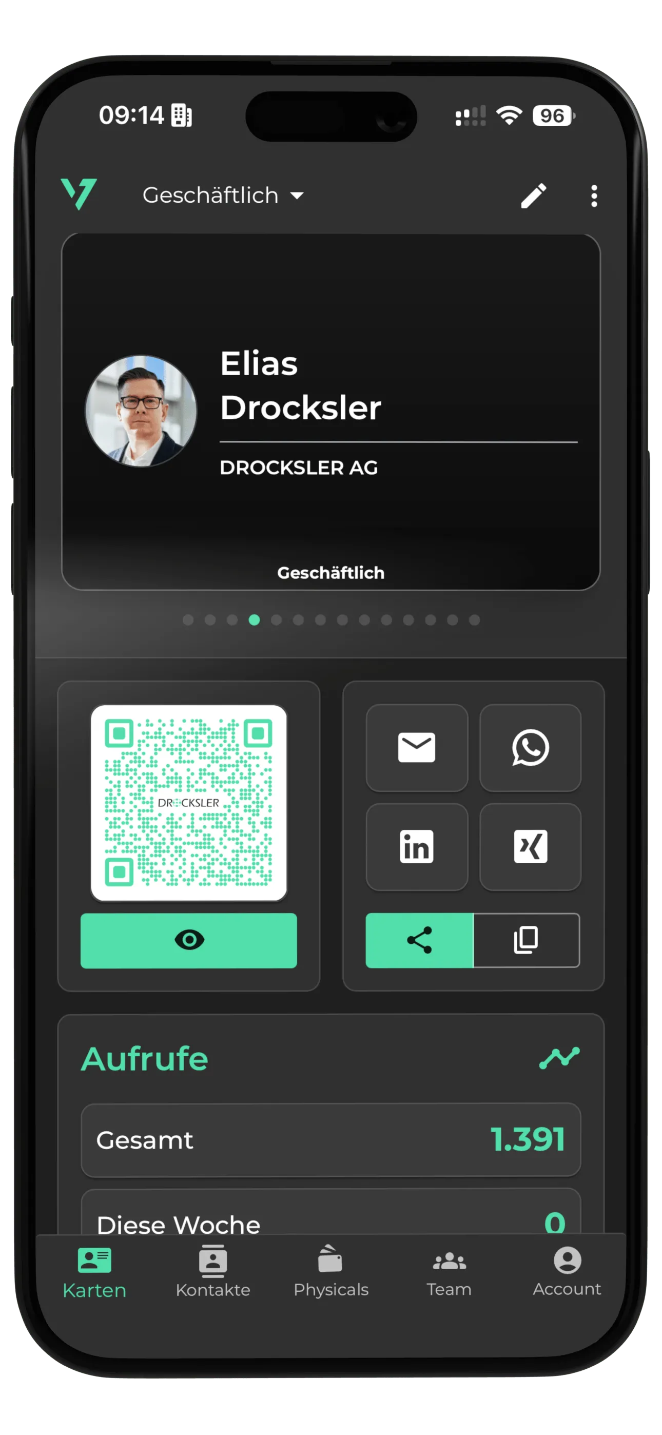 oneVcard-appen, et digitalt visitkort med QR-Code og visningsstatistik