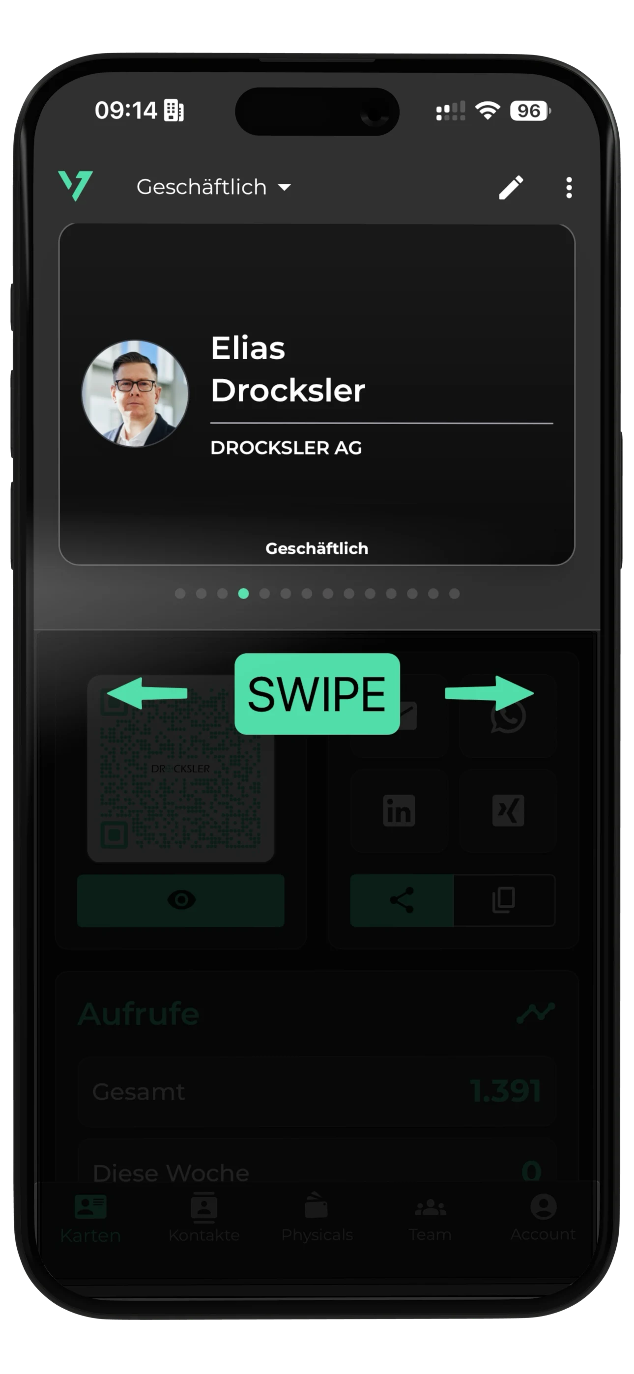 Swipe mellem flere digitale visitkort i oneVcard-appen