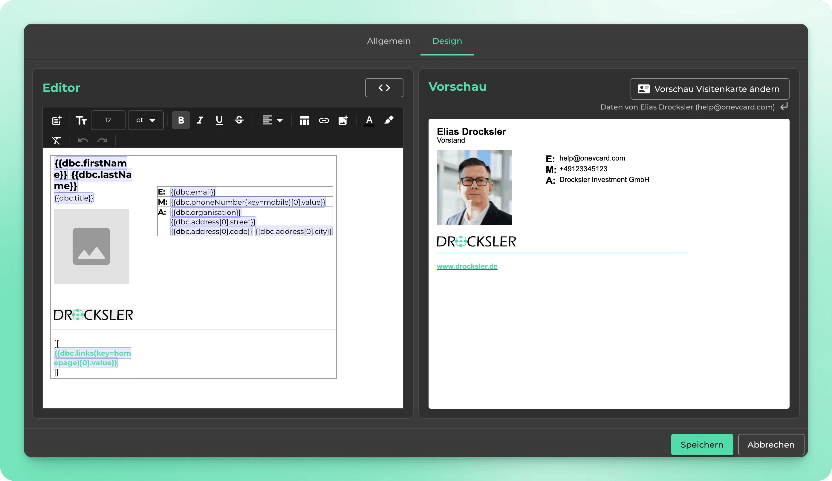 Visueller Editor für E-Mail-Signaturen in oneVcard