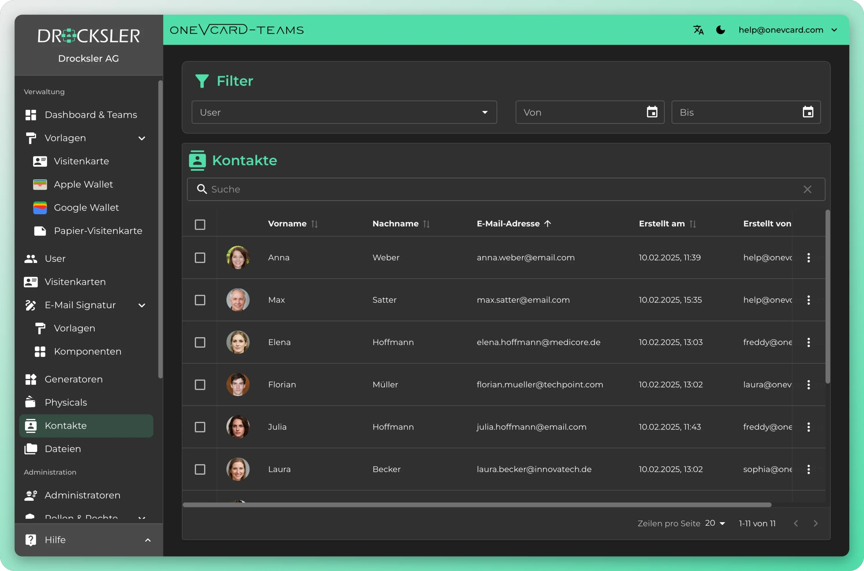 شاشة عرض جهات الاتصال في oneVcard Teams