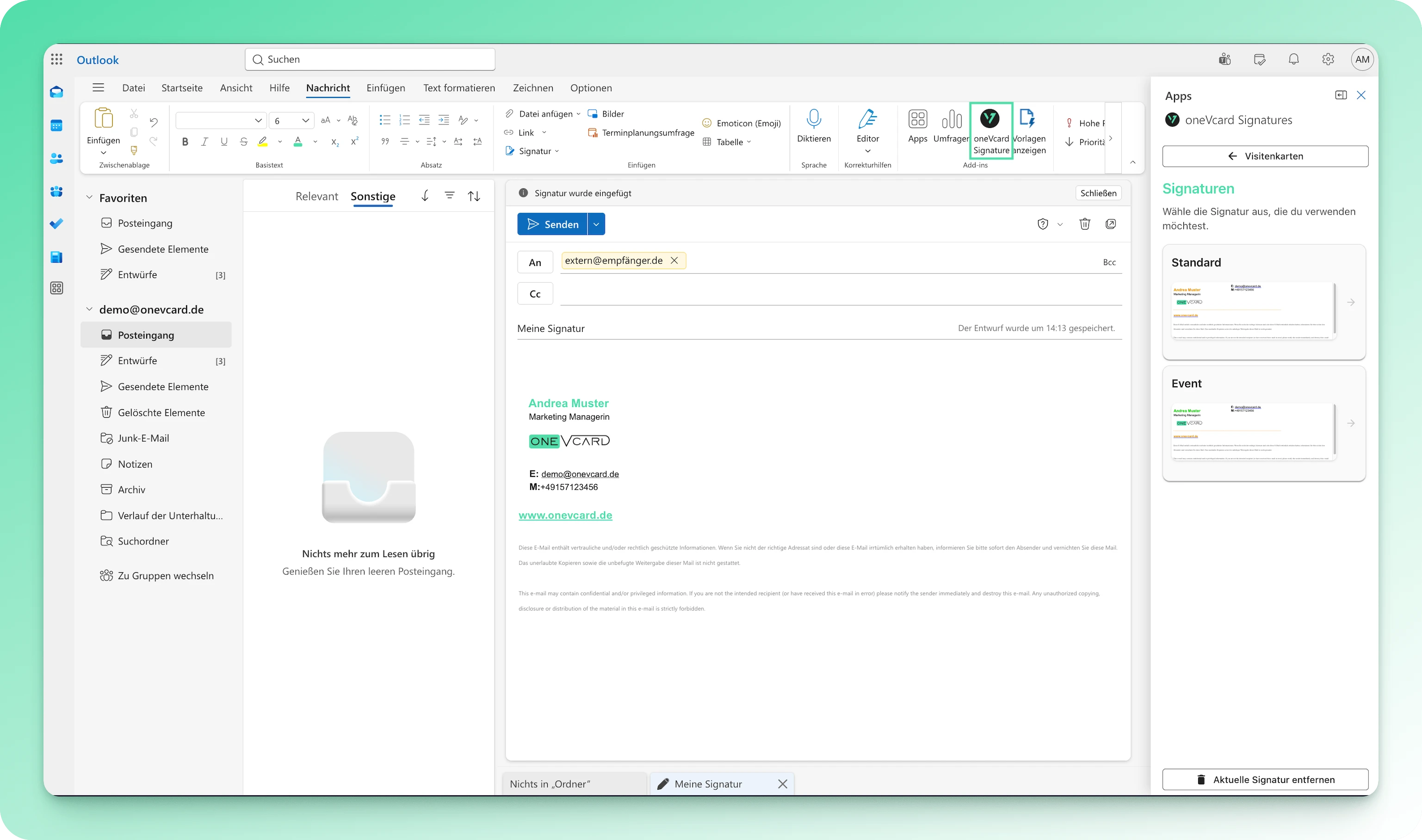 oneVcard signatur-tilføjelse i Microsoft Outlook-indbakken med signaturvalget