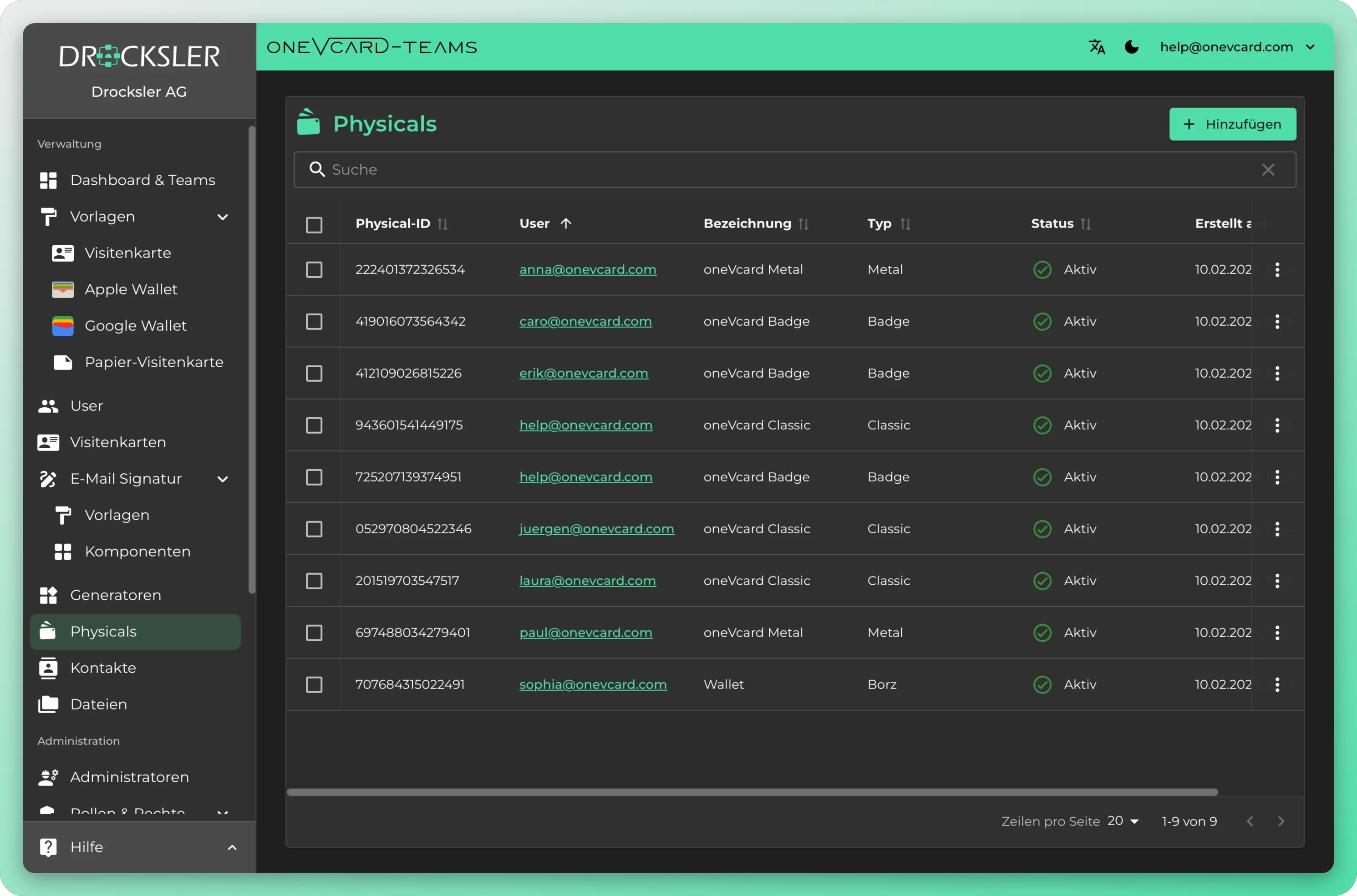 Gestion des cartes physiques dans oneVcard Teams