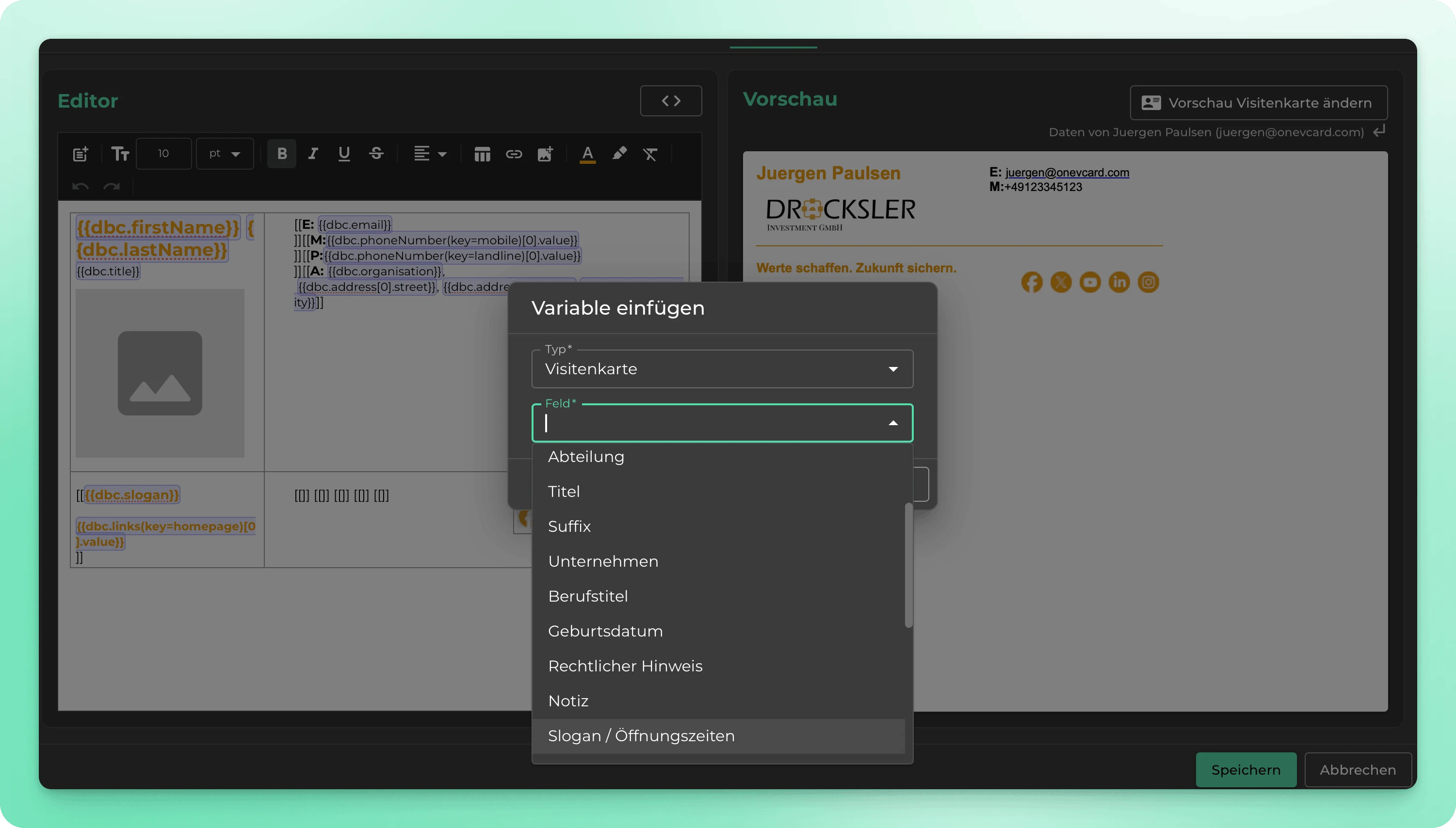 Variablen per Dropdown in die E-Mail-Signatur einfügen